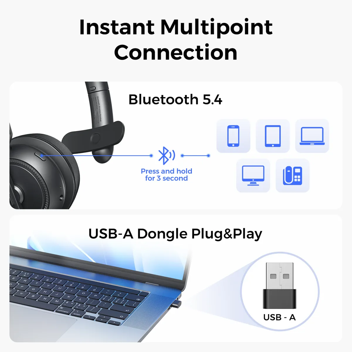 Wireless headset with usb dongle for plug and play instant computer connection.