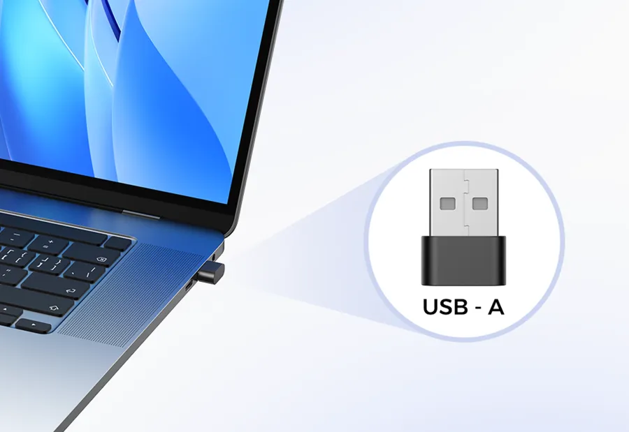 A plug-and-play wireless headset with usb dongle receiver connecting to a laptop, providing a stable wireless link for this single ear wireless headset with mic for pc.