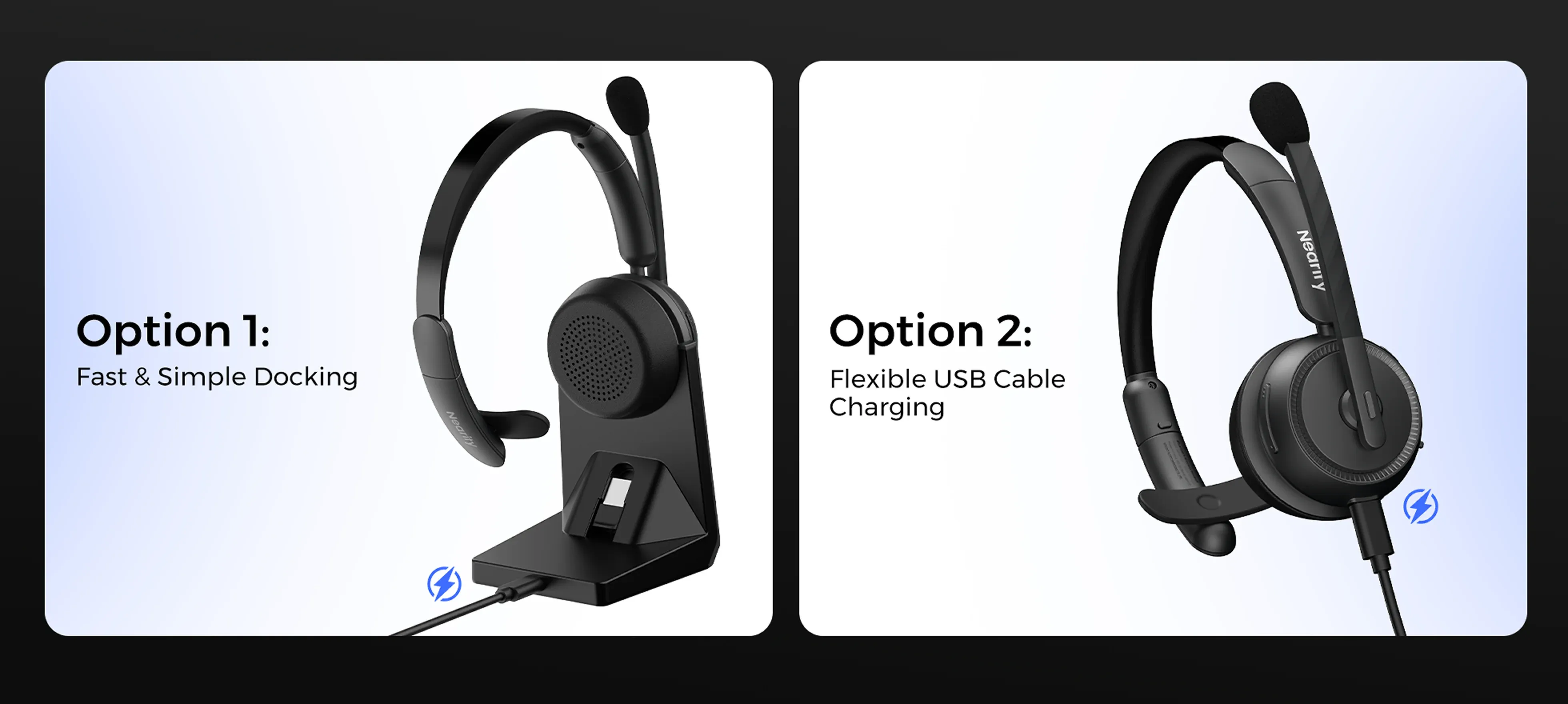 Comparison of two charging options for a wireless one ear headset, showing simple base docking charging and flexible USB cable charging for this professional one ear headset with mic.