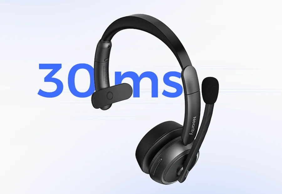 A single ear bluetooth headset displaying a ultra-low 30ms latency icon, highlighting the lag-free sound transmission of this wireless mono headset.