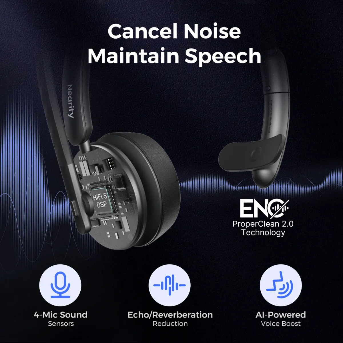 Nearity mono bluetooth headset featuring ENC 2.0 AI noise cancellation and 4-mic sensors