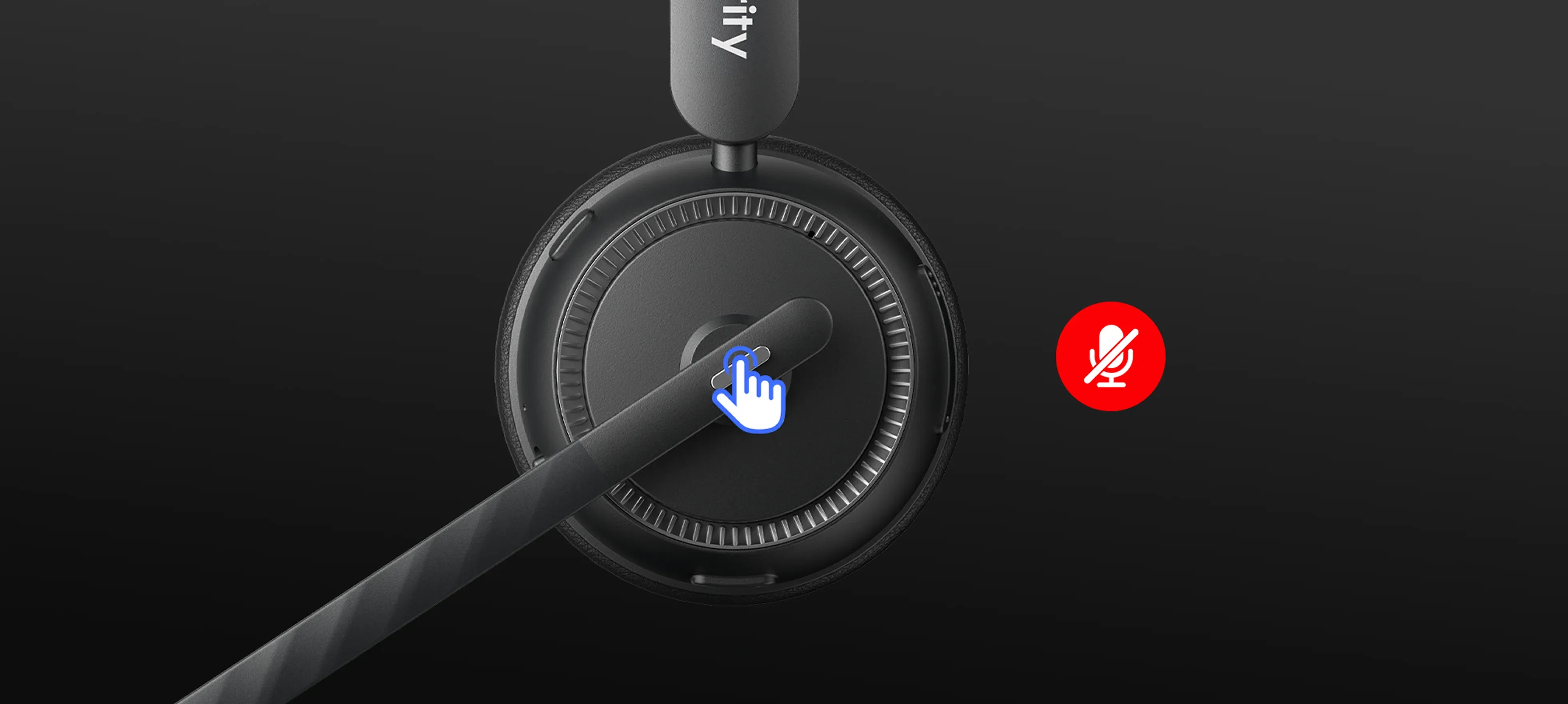 A hand pressing the intuitive one-click mute button on a wireless one ear headset, showing how to instantly mute a professional one ear headset with mic.