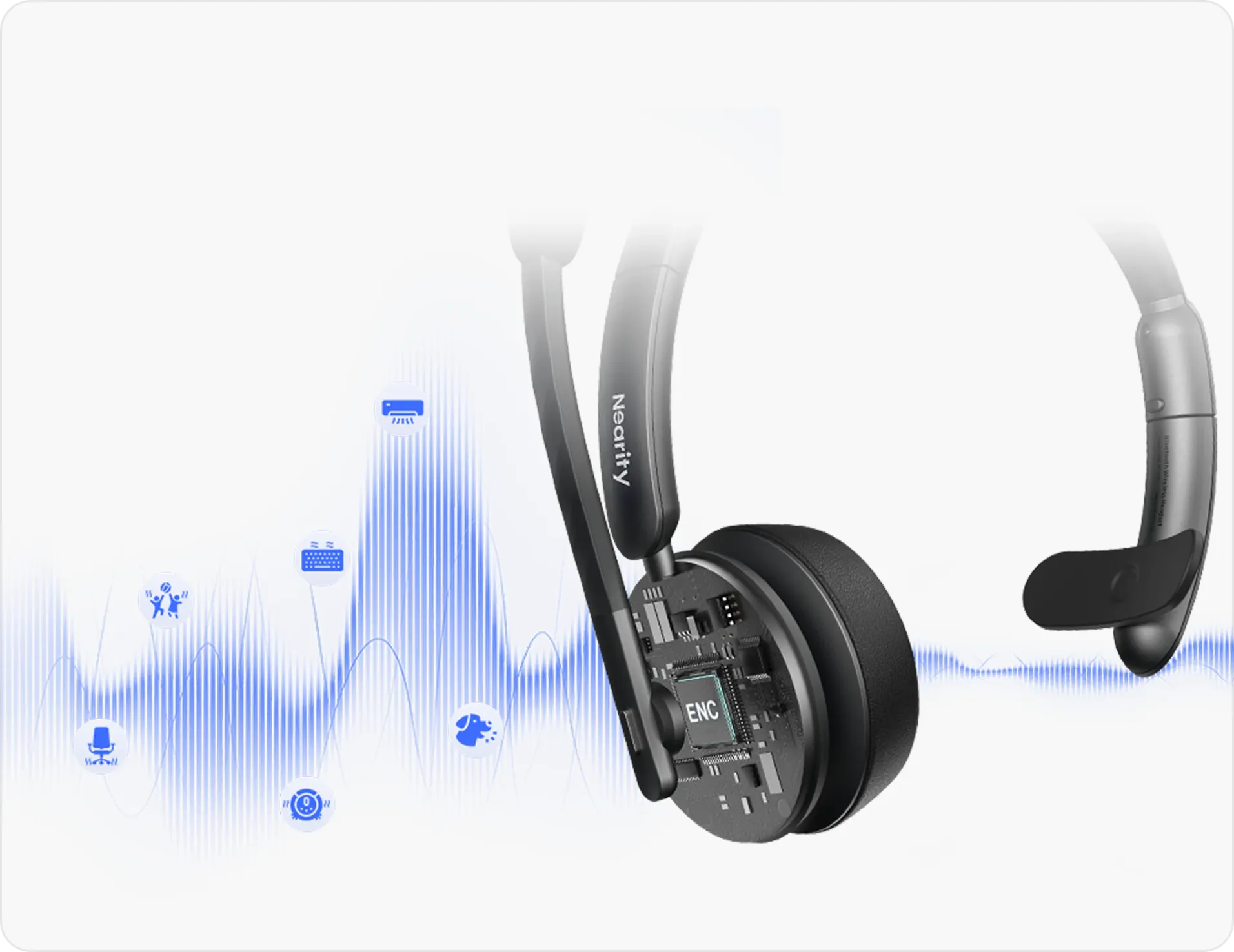 Cutaway view showing AI environmental noise cancelling chip inside a wireless headphone with noise cancelling mic.