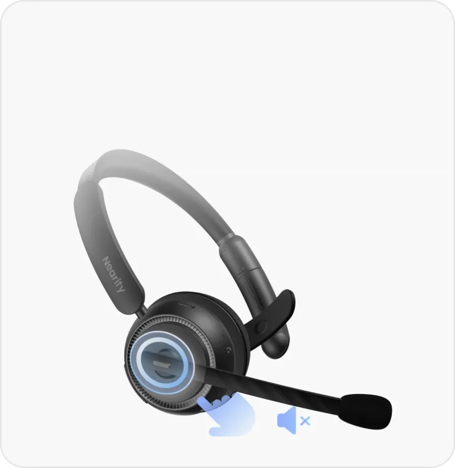 Close up of the convenient one-click mute button on a mono bluetooth headset.