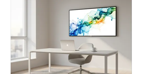 A bright minimalist workspace with a NearHub S Pro board on the wall, ideal for boosting productivity while doing weekend remote work.