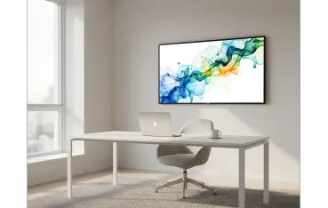 A bright minimalist workspace with a NearHub S Pro board on the wall, ideal for boosting productivity while doing weekend remote work.