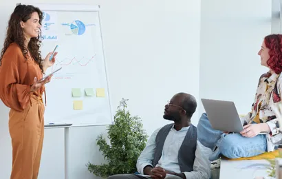 会議室で三人が持ち運びホワイトボードを使って会議をしている