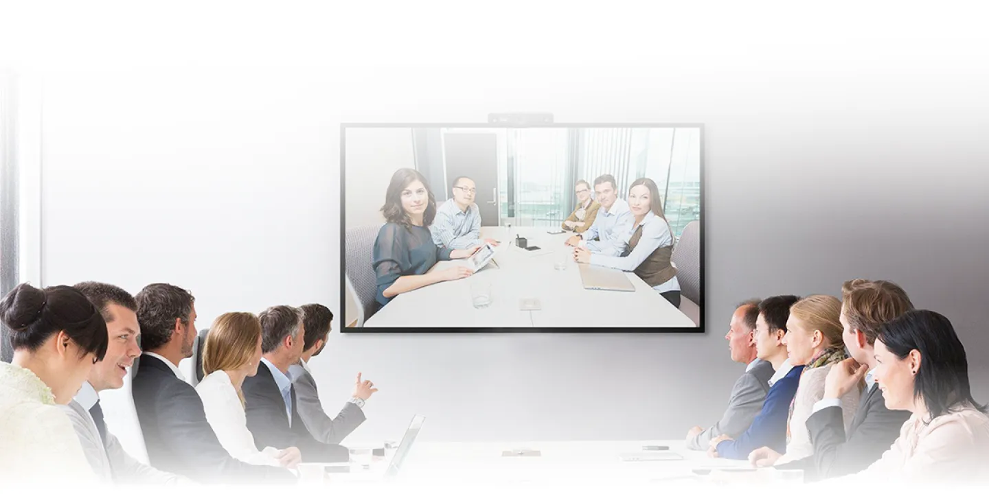 Several people in a conference room using NearHub board S pro smart whiteboard for office in a meeting
