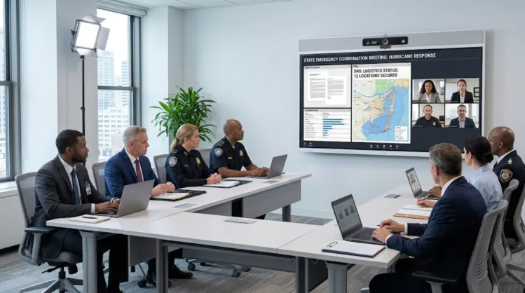 Government coordination room with V30S mounted above smart whiteboard for instant setup.