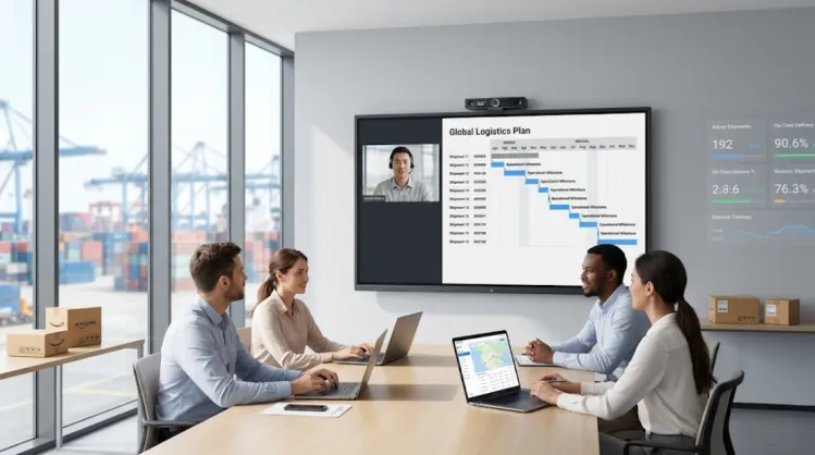 V30S 4K camera on smart whiteboard in logistics meeting room, sharing documents.