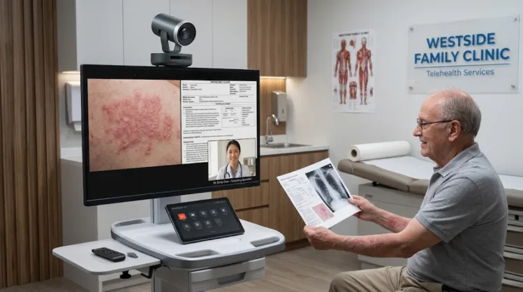 V410 ptz camera on computer monitor for telehealth consultation, providing clear video and AI-filtered audio.