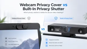 Ordinary webcam privacy cover vs Nearity V30S built-in privacy cover comparison for secure video conferencing.