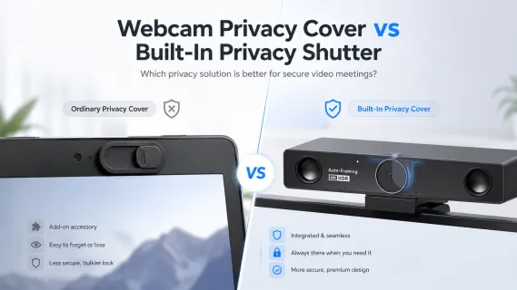 Ordinary webcam privacy cover vs Nearity V30S built-in privacy cover comparison for secure video conferencing.