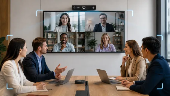 Nearity V30S webcam mounted above a meeting room display, using AI auto framing to capture in-room participants during a hybrid video meeting with remote attendees on screen.