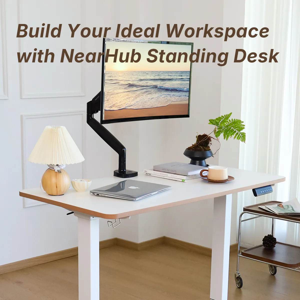 A computer on the dual motor electric adjustable standing computer desk