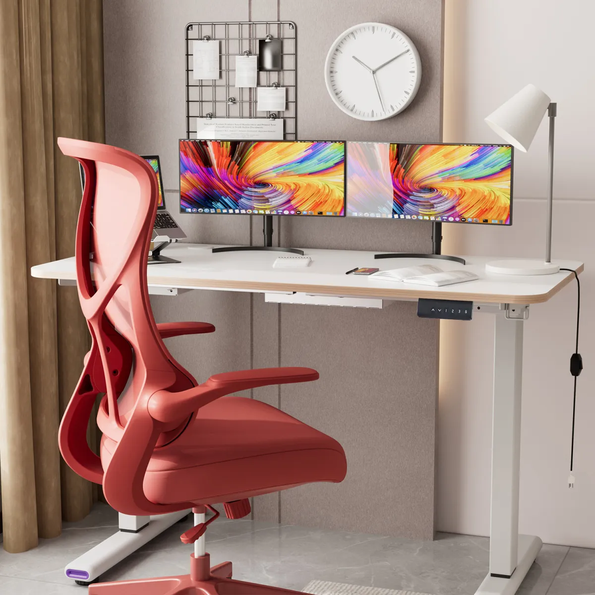 A white adjustable standing computer desk