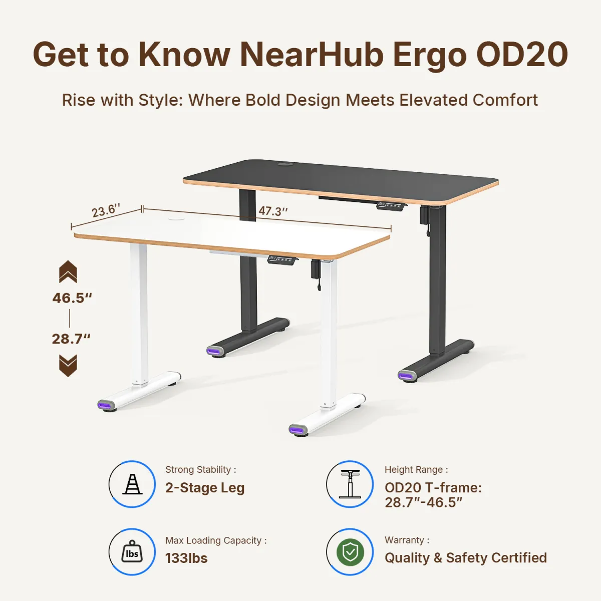 White and black electronic adjustable height desk