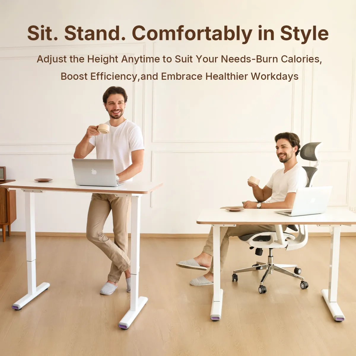 A  picture showing the comfortable style of an electric sit to stand desk
