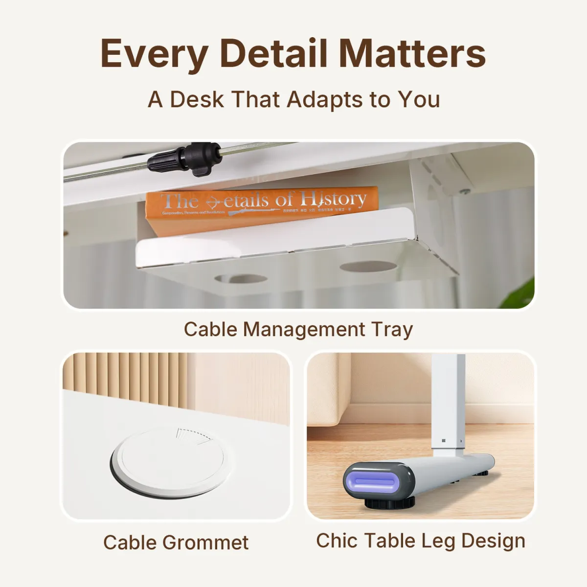 Details of an electric sit to stand desk