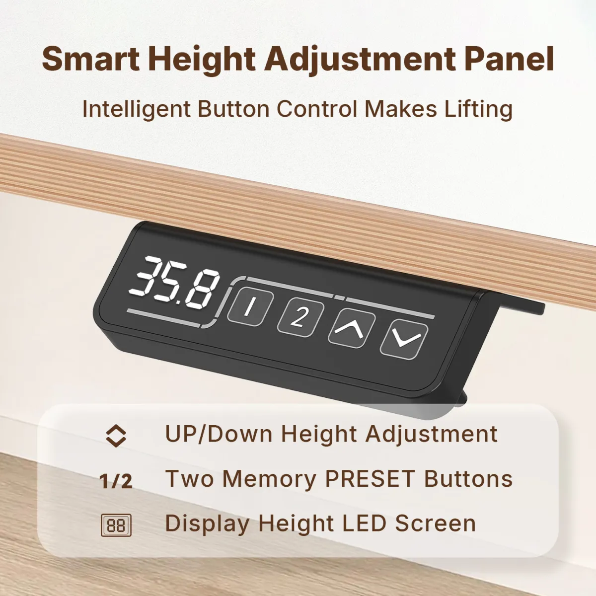 Smart height adjustment panel of adjustable height computer desks