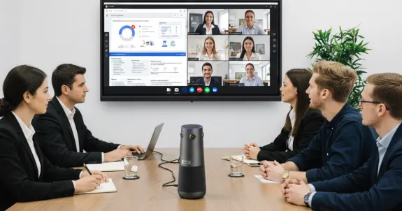 Parent-teacher meeting featuring NearHub S Pro smart board and Nearity 360 Alien camera.