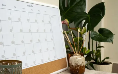 カレンダーホワイトボードマグネットと小さな観葉植物の鉢