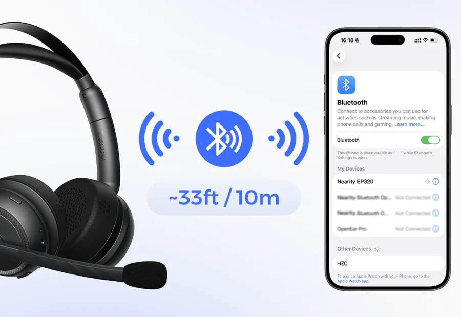Bluetooth over the ear headset with microphone demonstrating a long 33 feet wireless connection range to a smartphone.