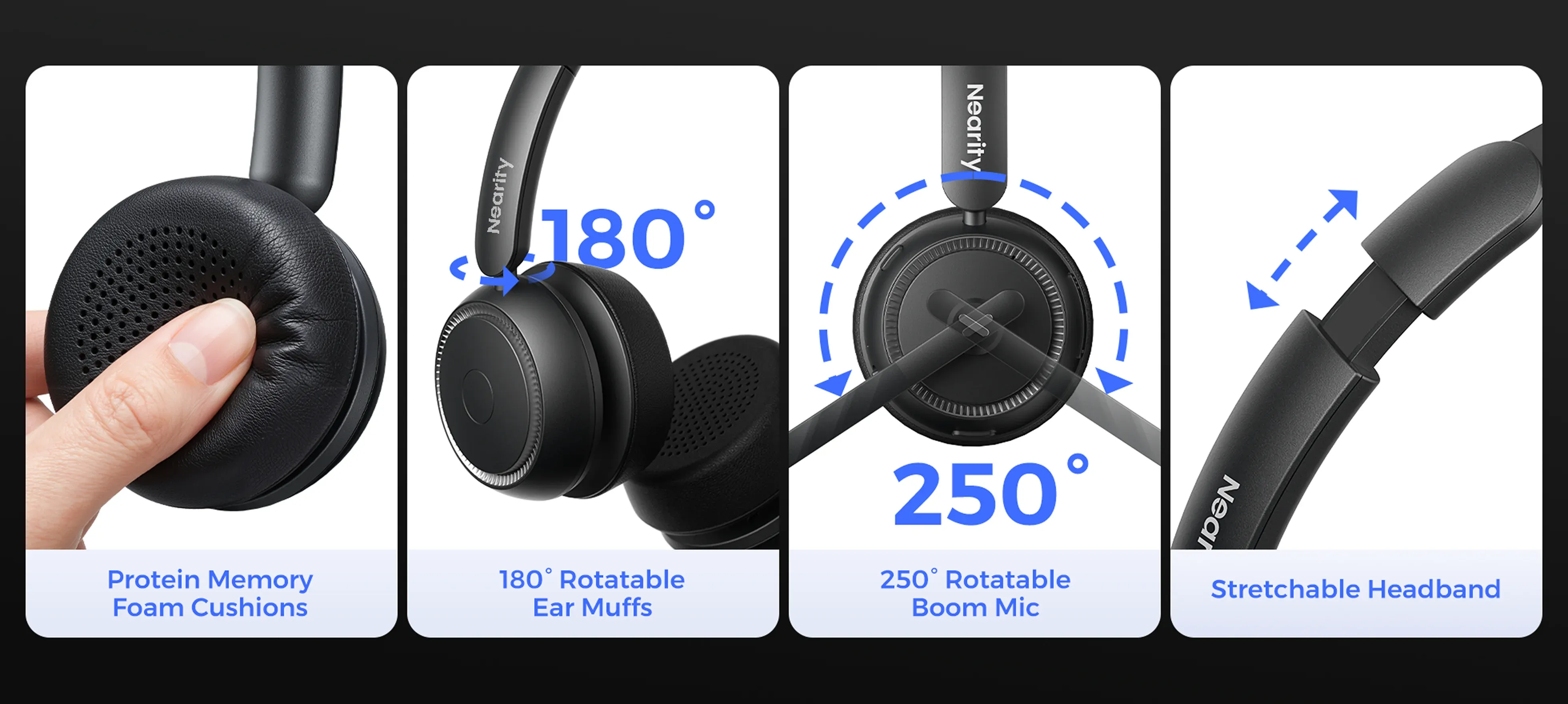 Comfortable bluetooth over ear headphone with memory foam cushions, adjustable headband, and 250-degree rotatable boom mic.