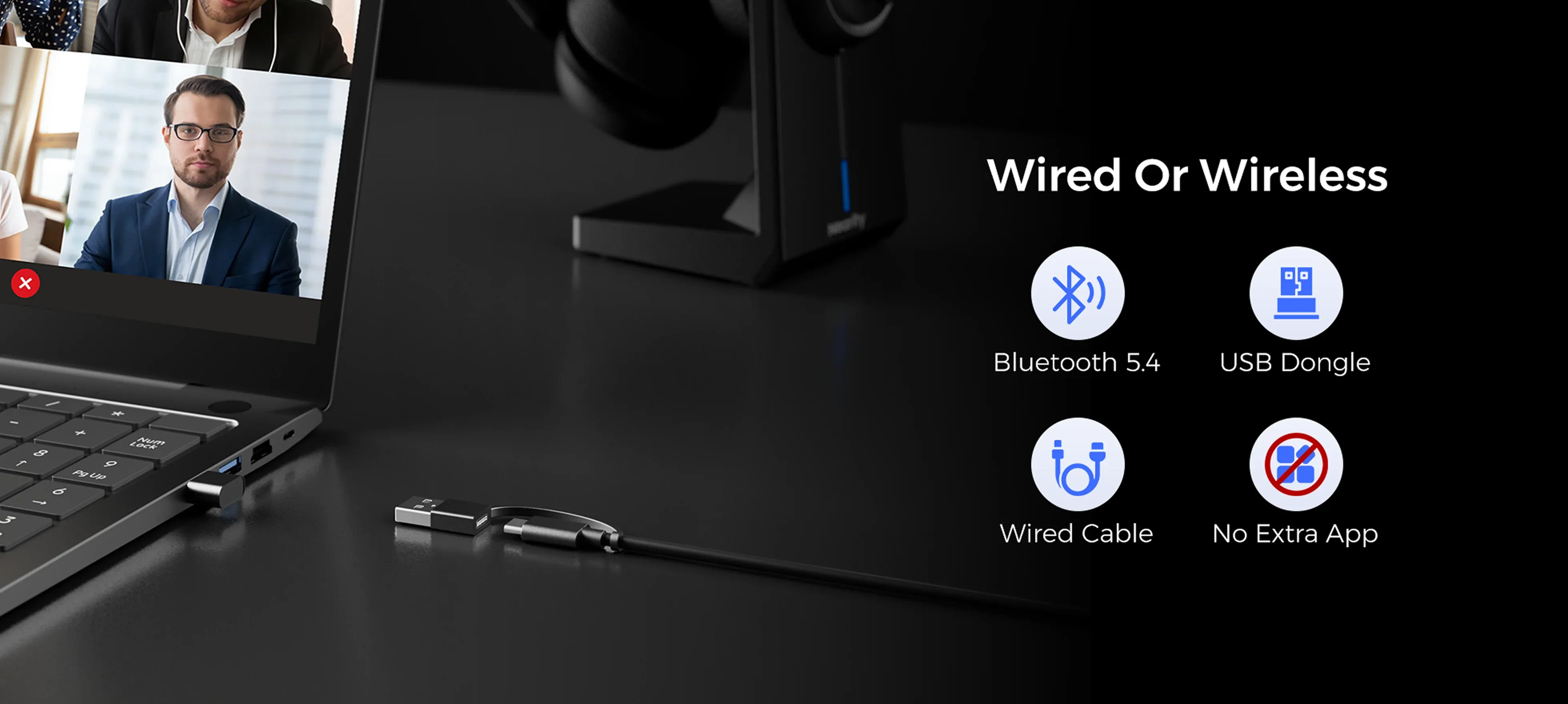 Wireless headset with mic for work showing wired USB-C, USB-A dongle, and Bluetooth 5.4 connections with no app required.