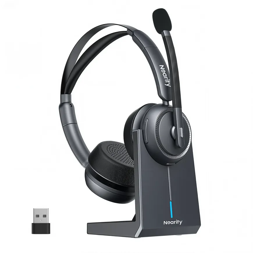 Bluetooth noise cancelling headset with mic and charging base including a wireless USB-A dongle.