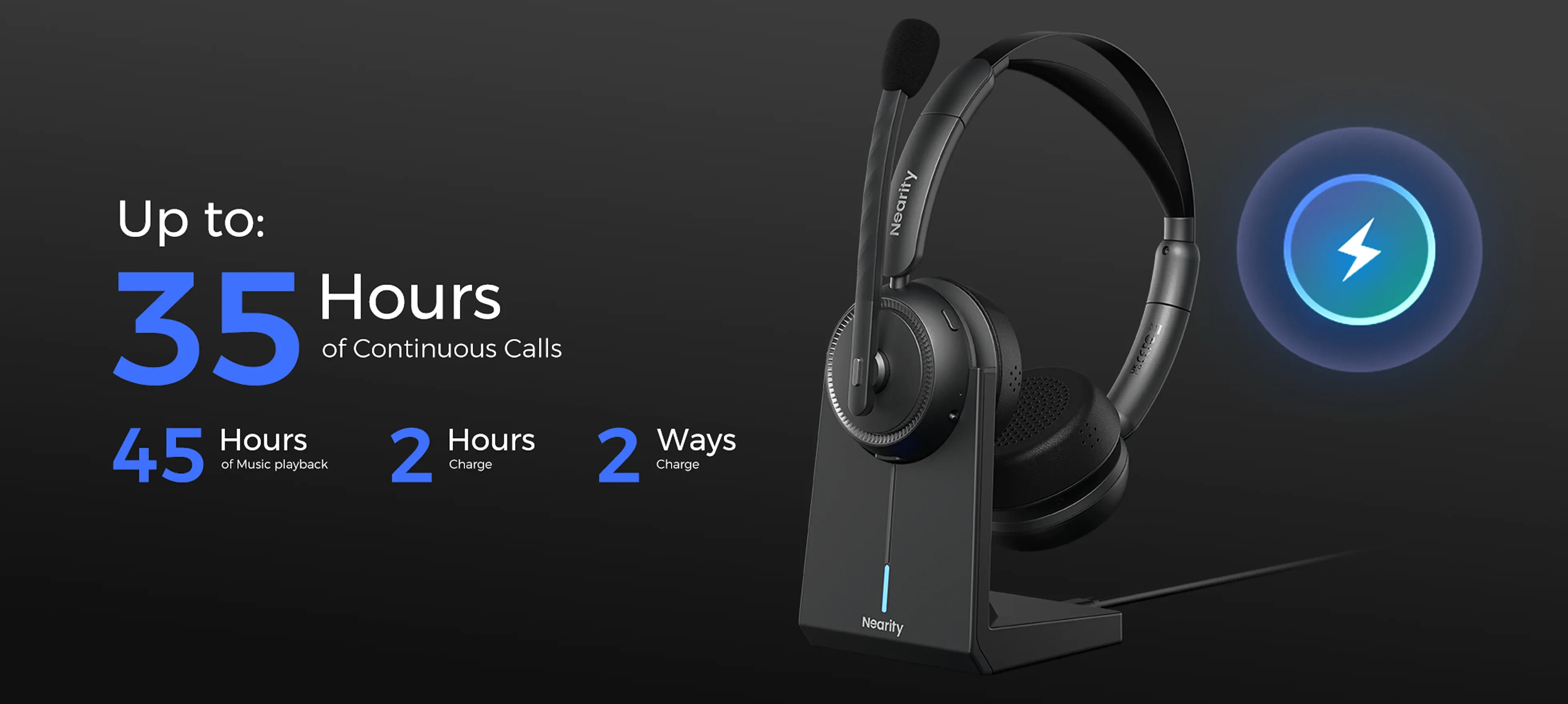 Over ear wireless headset featuring up to 35 hours of continuous calls and long battery life.