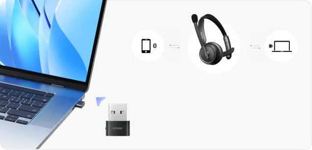 Mono bluetooth headset for pc and smartphone featuring dual device seamless multipoint connection.